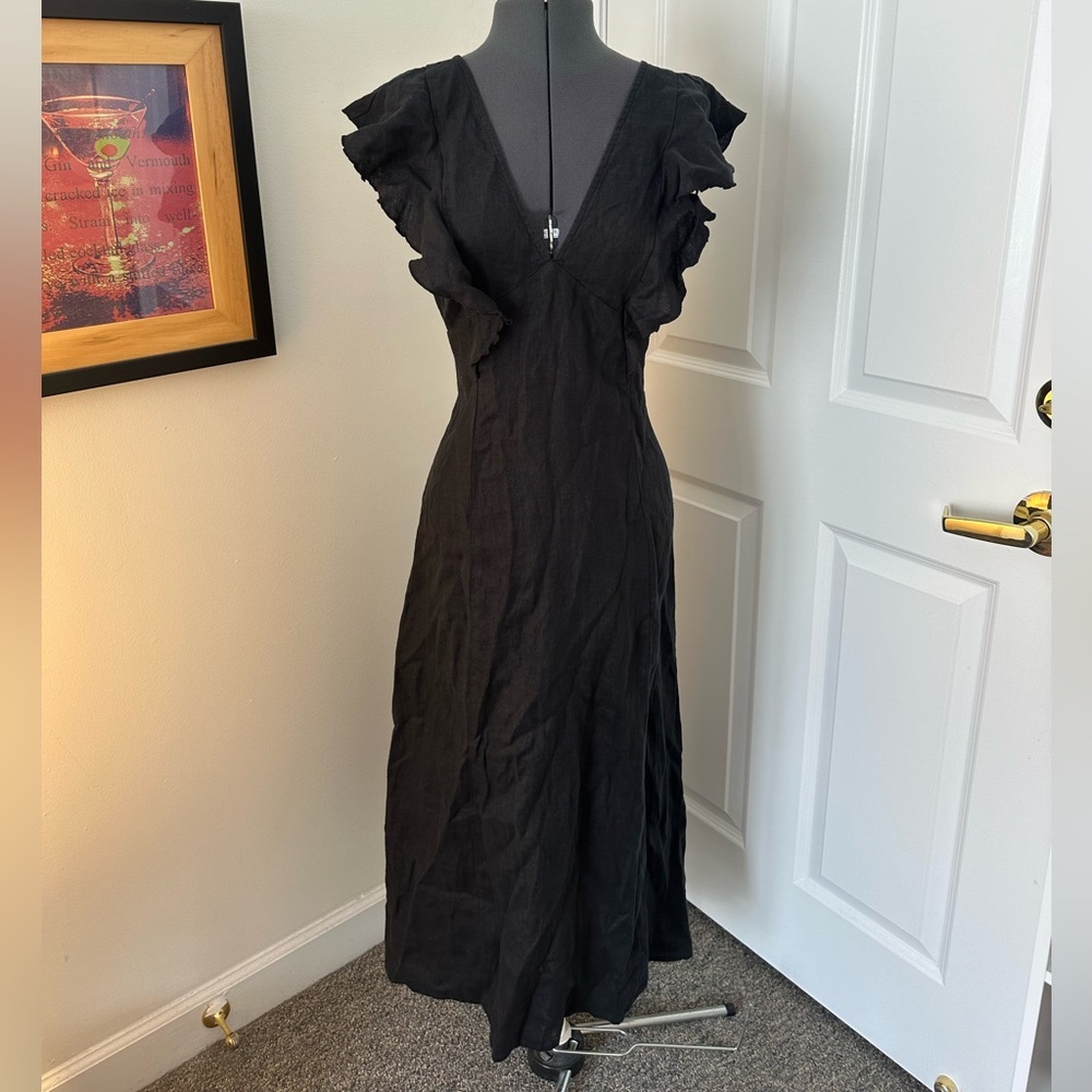 $268 NWT Rails Women's Black Constance Linen Flutter Sleeve Midi Dress Size L